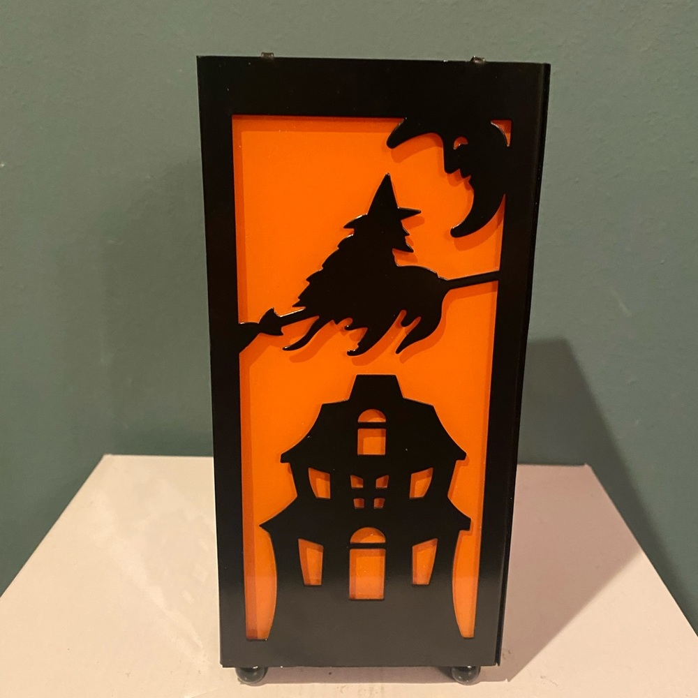 Square Halloween hurricane lantern votive holder with witch detail orange glass